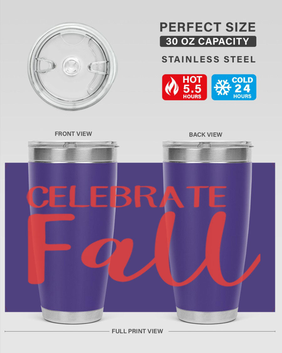 Celebrate Fall 20oz tumbler made of double wall vacuum stainless steel with a copper lining, featuring a drink-thru lid.