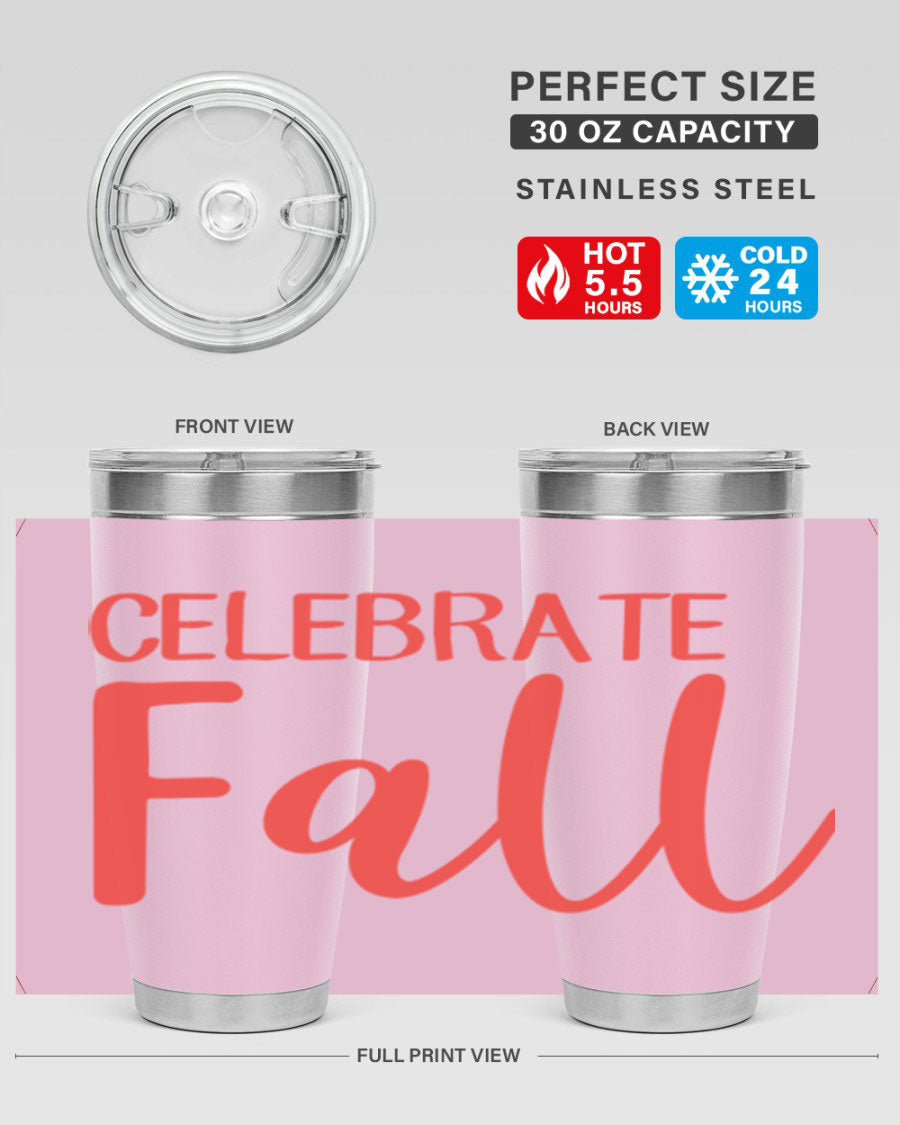 Celebrate Fall 20oz tumbler made of double wall vacuum stainless steel with a copper lining, featuring a drink-thru lid.