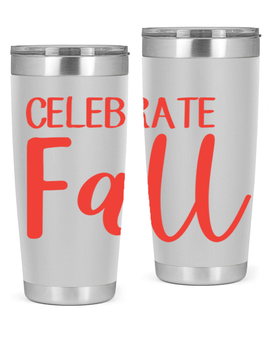 Celebrate Fall 20oz tumbler made of double wall vacuum stainless steel with a copper lining, featuring a drink-thru lid.