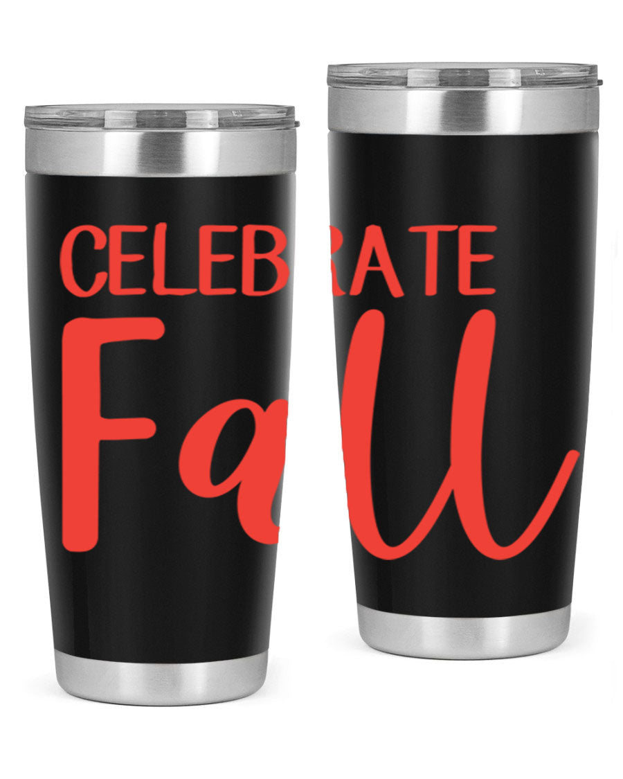 Celebrate Fall 20oz tumbler made of double wall vacuum stainless steel with a copper lining, featuring a drink-thru lid.