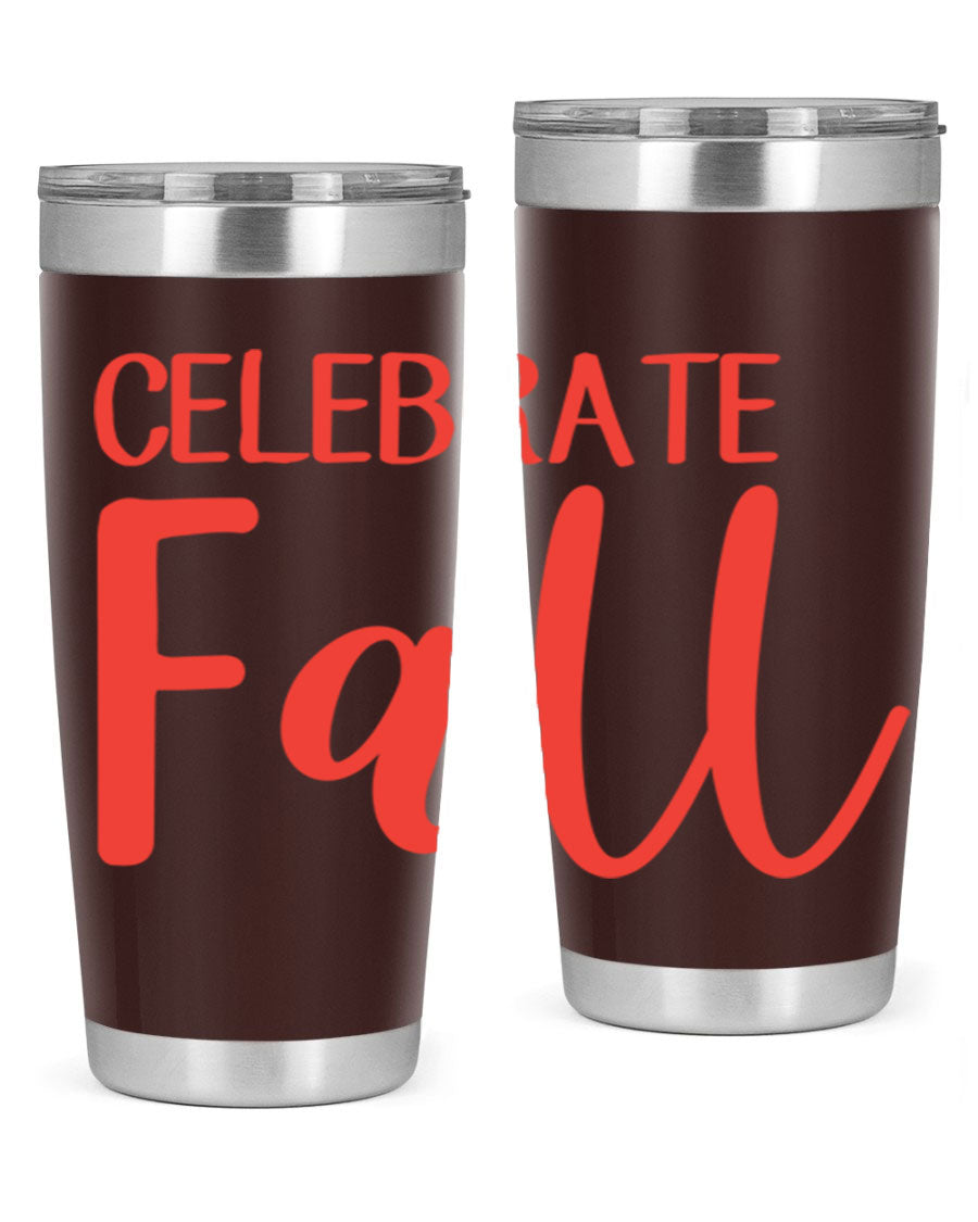 Celebrate Fall 20oz tumbler made of double wall vacuum stainless steel with a copper lining, featuring a drink-thru lid.
