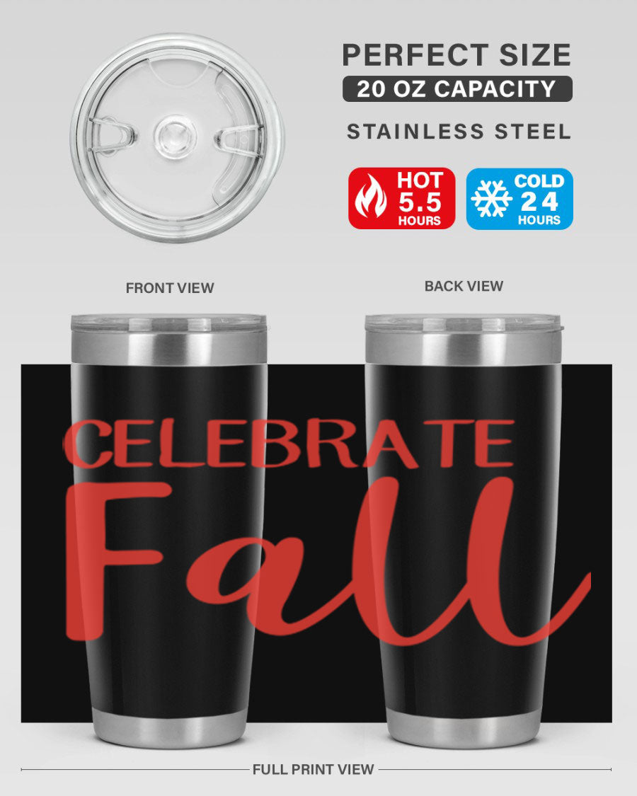 Celebrate Fall 20oz tumbler made of double wall vacuum stainless steel with a copper lining, featuring a drink-thru lid.