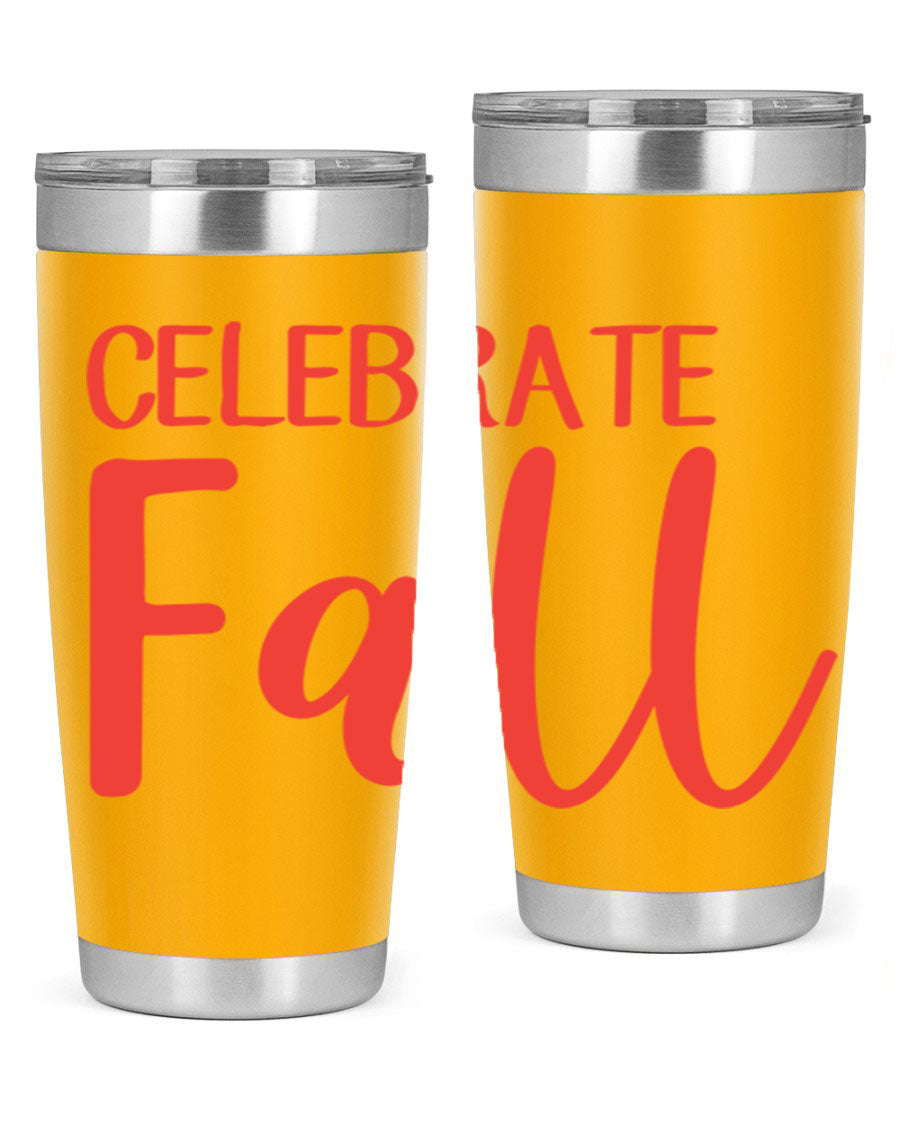 Celebrate Fall 20oz tumbler made of double wall vacuum stainless steel with a copper lining, featuring a drink-thru lid.