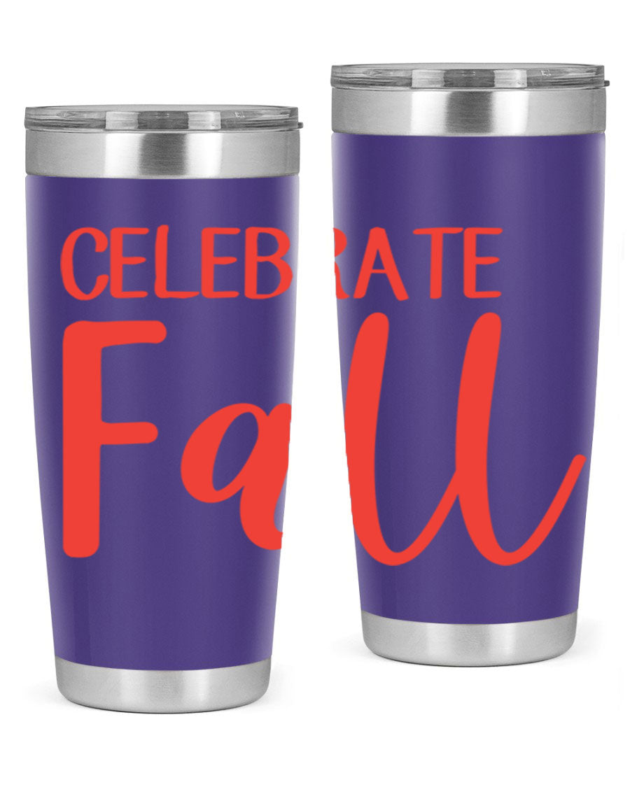 Celebrate Fall 20oz tumbler made of double wall vacuum stainless steel with a copper lining, featuring a drink-thru lid.