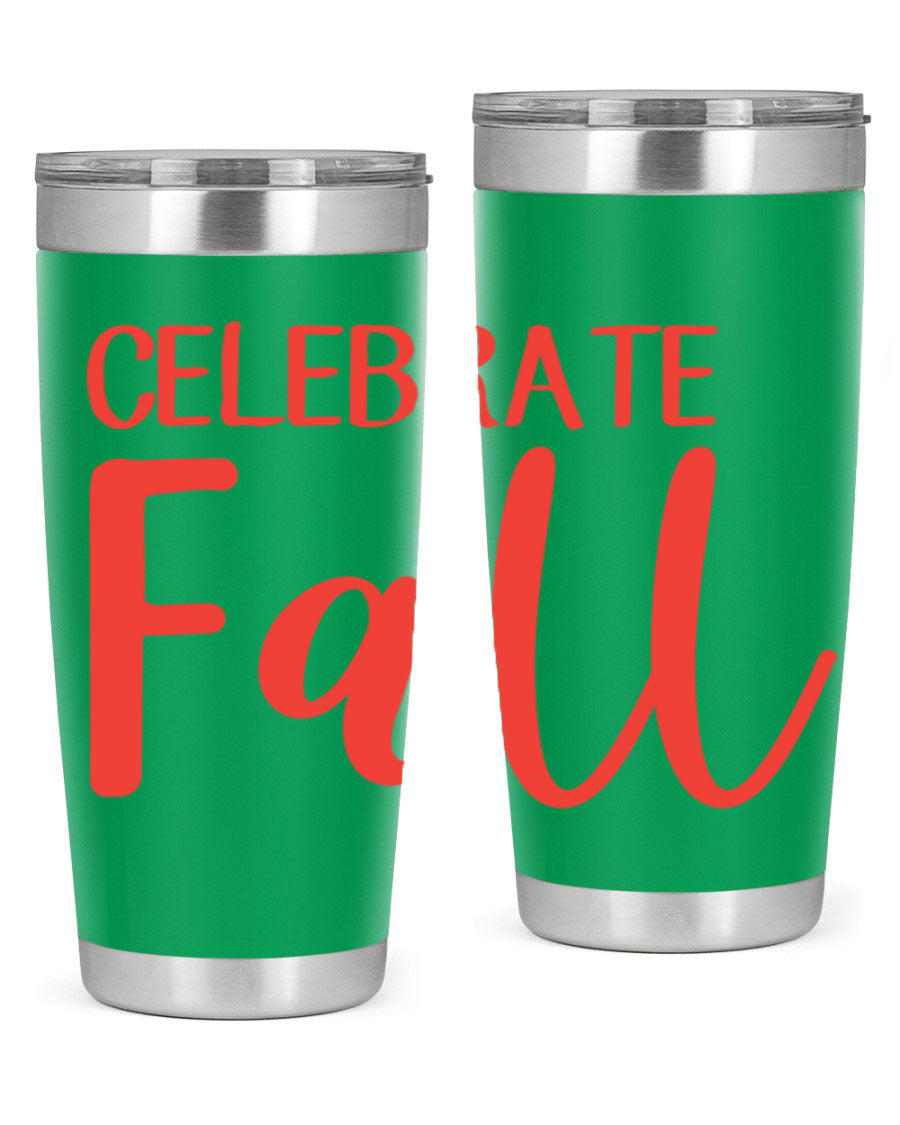 Celebrate Fall 20oz tumbler made of double wall vacuum stainless steel with a copper lining, featuring a drink-thru lid.
