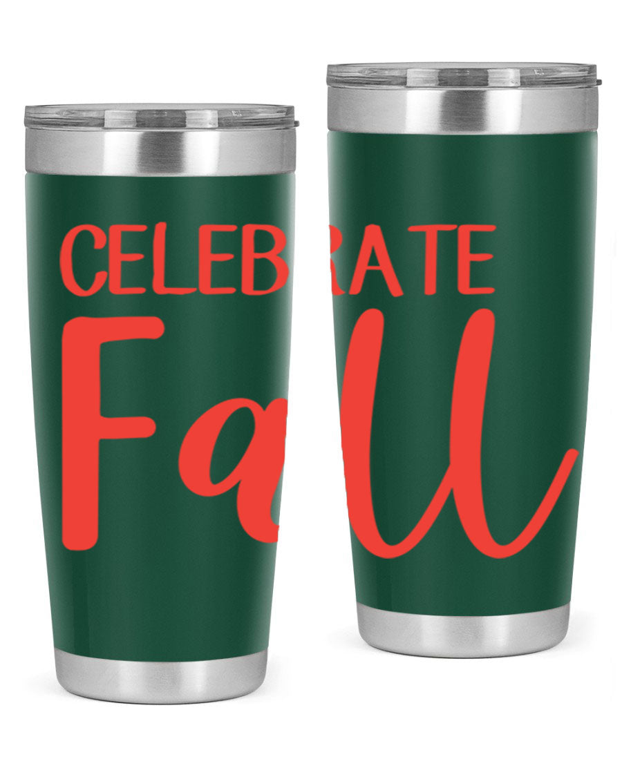 Celebrate Fall 20oz tumbler made of double wall vacuum stainless steel with a copper lining, featuring a drink-thru lid.