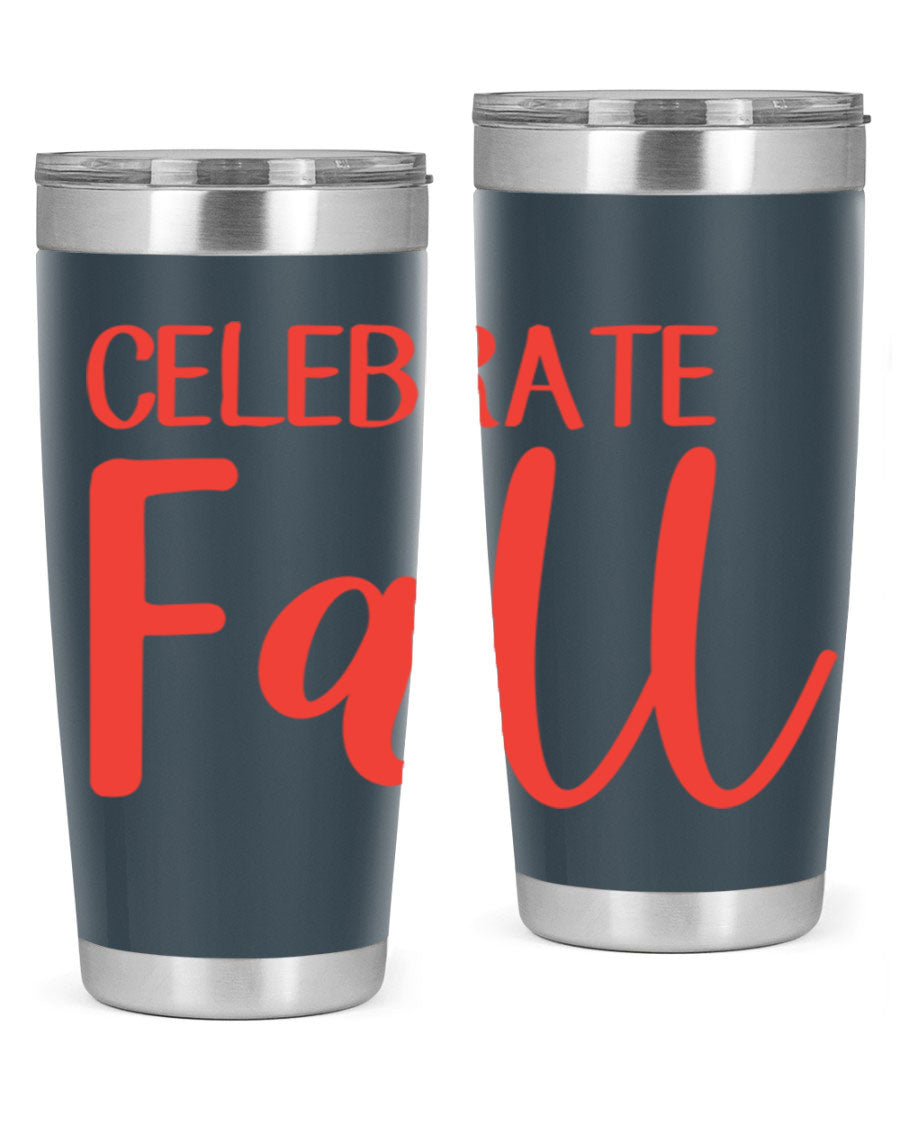 Celebrate Fall 20oz tumbler made of double wall vacuum stainless steel with a copper lining, featuring a drink-thru lid.