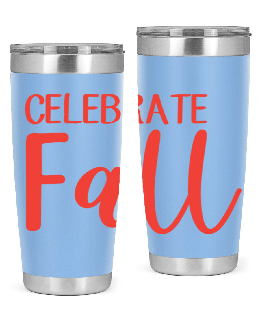 Celebrate Fall 20oz tumbler made of double wall vacuum stainless steel with a copper lining, featuring a drink-thru lid.