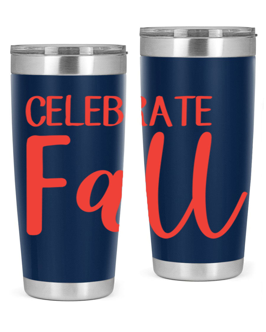 Celebrate Fall 20oz tumbler made of double wall vacuum stainless steel with a copper lining, featuring a drink-thru lid.