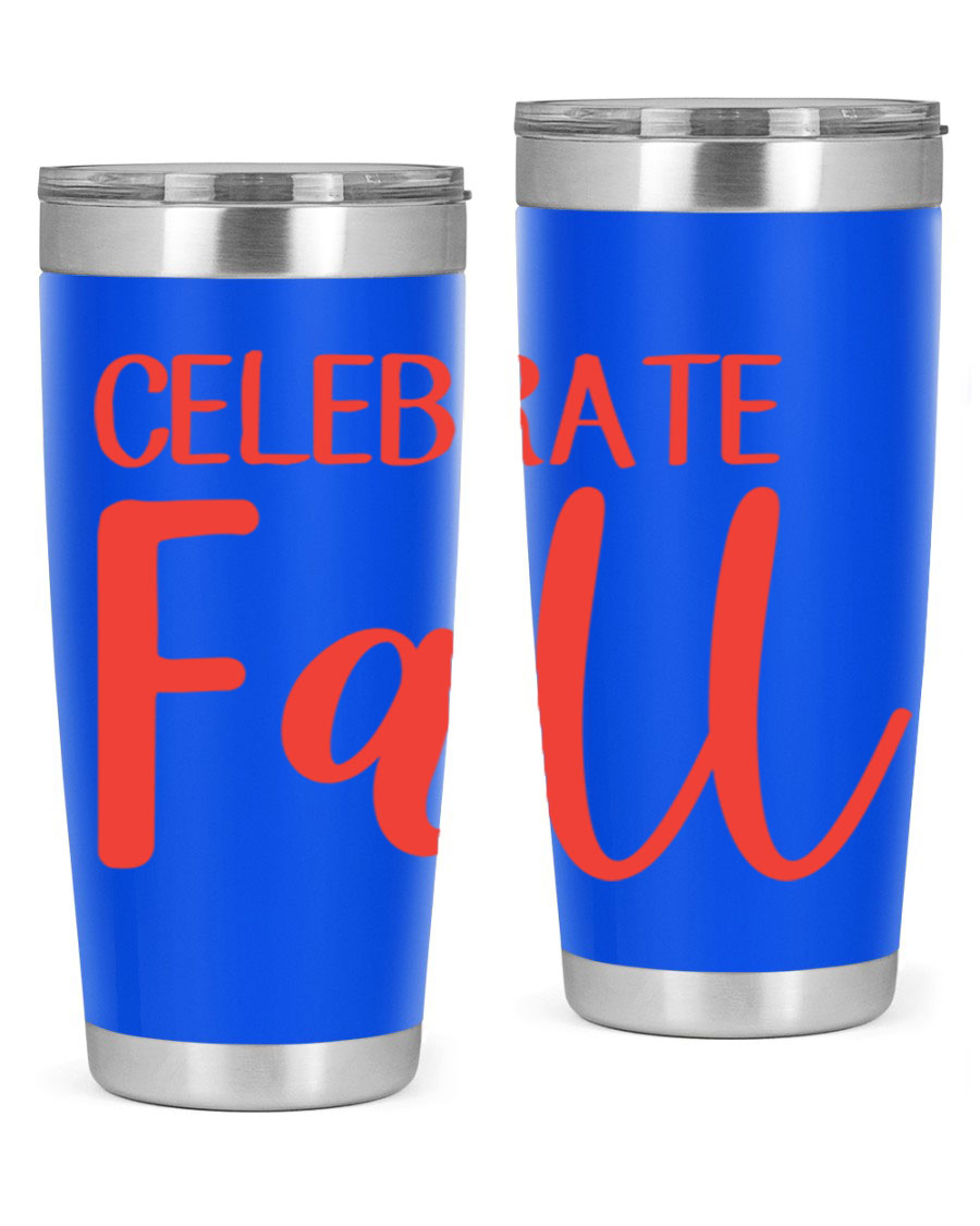 Celebrate Fall 20oz tumbler made of double wall vacuum stainless steel with a copper lining, featuring a drink-thru lid.