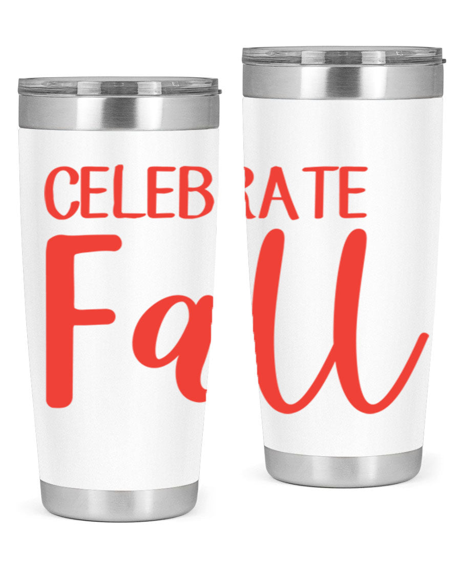 Celebrate Fall 20oz tumbler made of double wall vacuum stainless steel with a copper lining, featuring a drink-thru lid.