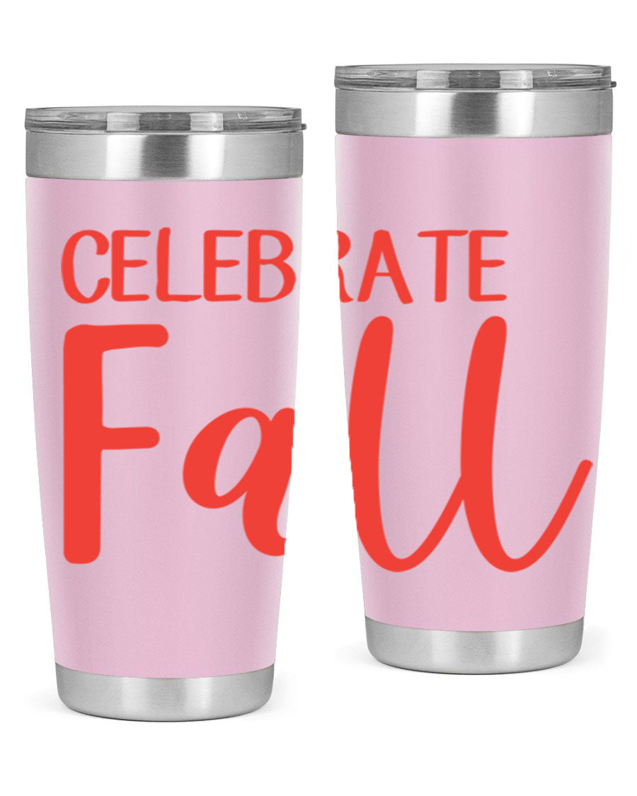 Celebrate Fall 20oz tumbler made of double wall vacuum stainless steel with a copper lining, featuring a drink-thru lid.