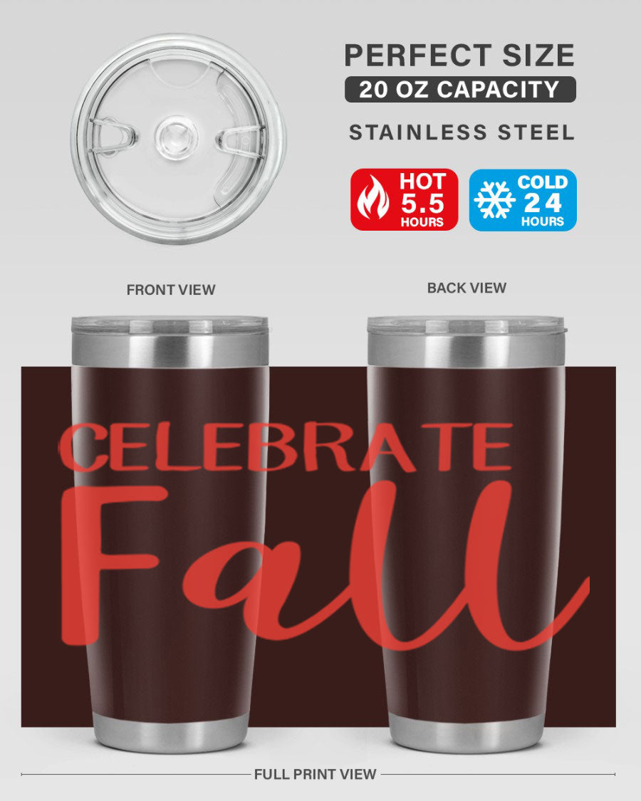 Celebrate Fall 20oz tumbler made of double wall vacuum stainless steel with a copper lining, featuring a drink-thru lid.