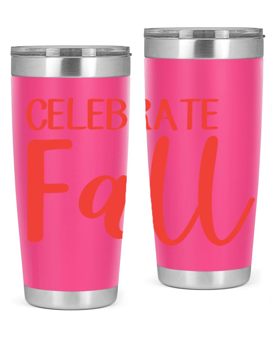 Celebrate Fall 20oz tumbler made of double wall vacuum stainless steel with a copper lining, featuring a drink-thru lid.