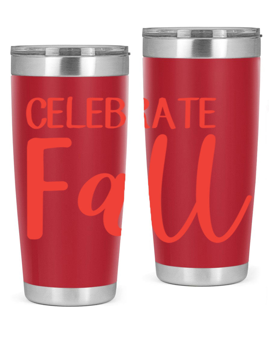 Celebrate Fall 20oz tumbler made of double wall vacuum stainless steel with a copper lining, featuring a drink-thru lid.