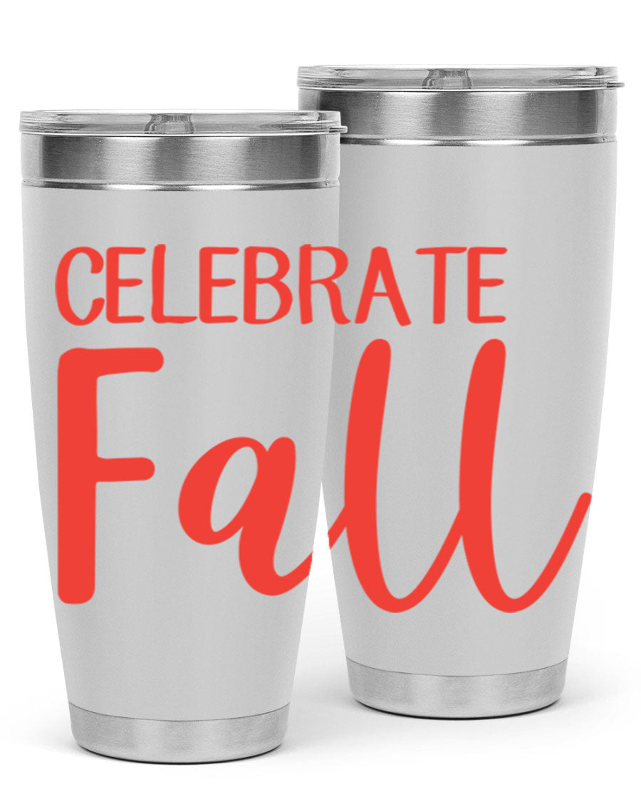 Celebrate Fall 20oz tumbler made of double wall vacuum stainless steel with a copper lining, featuring a drink-thru lid.