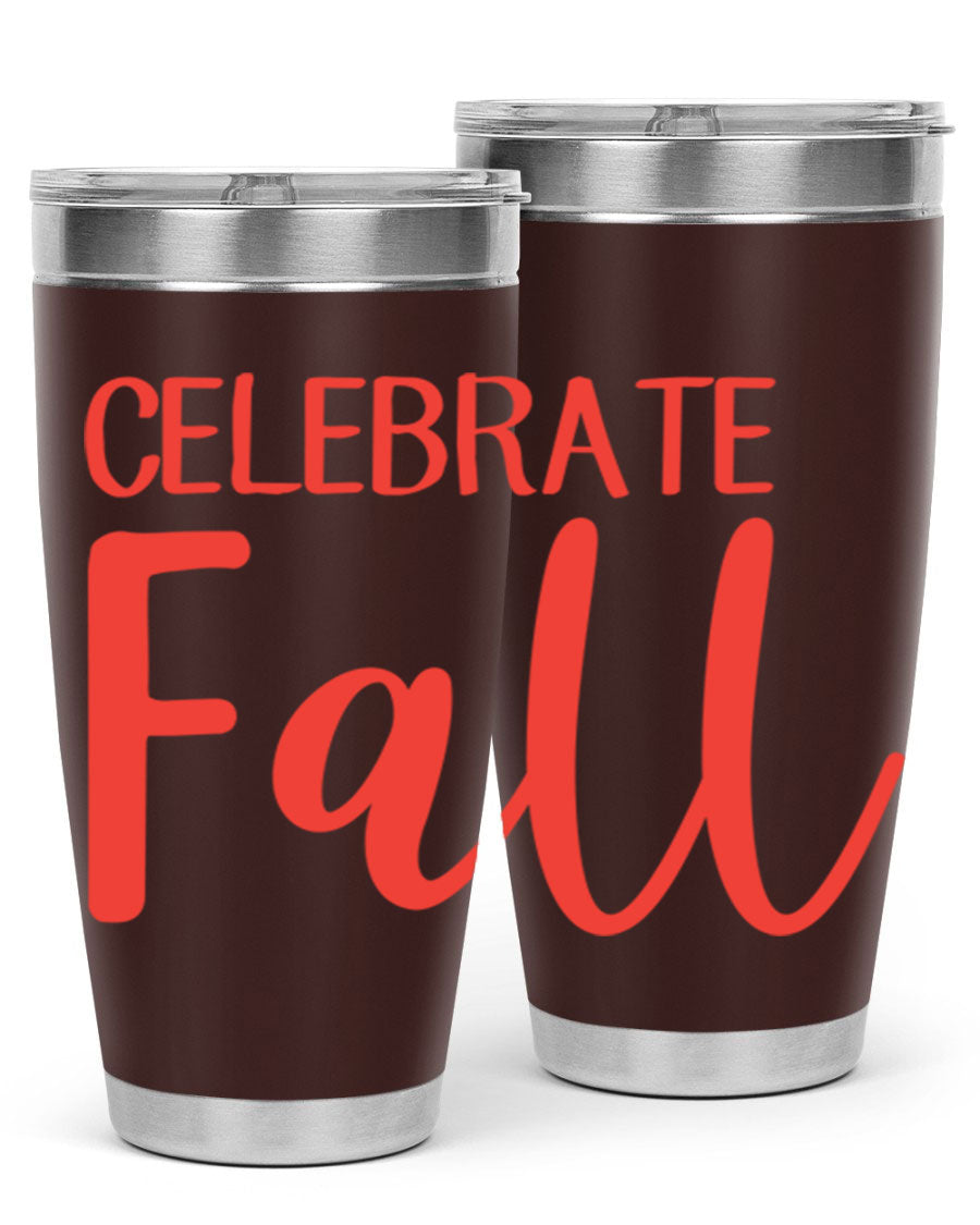 Celebrate Fall 20oz tumbler made of double wall vacuum stainless steel with a copper lining, featuring a drink-thru lid.
