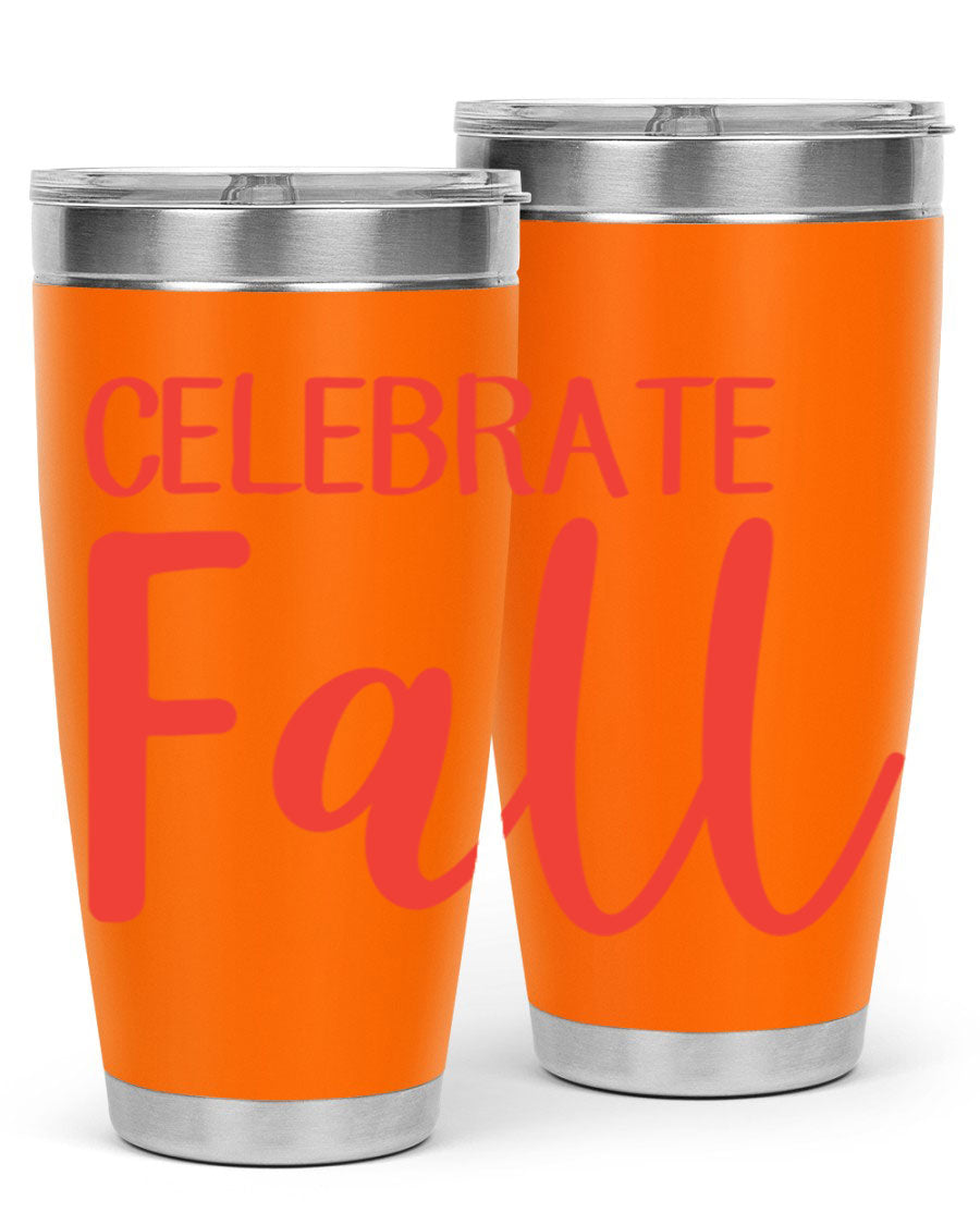 Celebrate Fall 20oz tumbler made of double wall vacuum stainless steel with a copper lining, featuring a drink-thru lid.