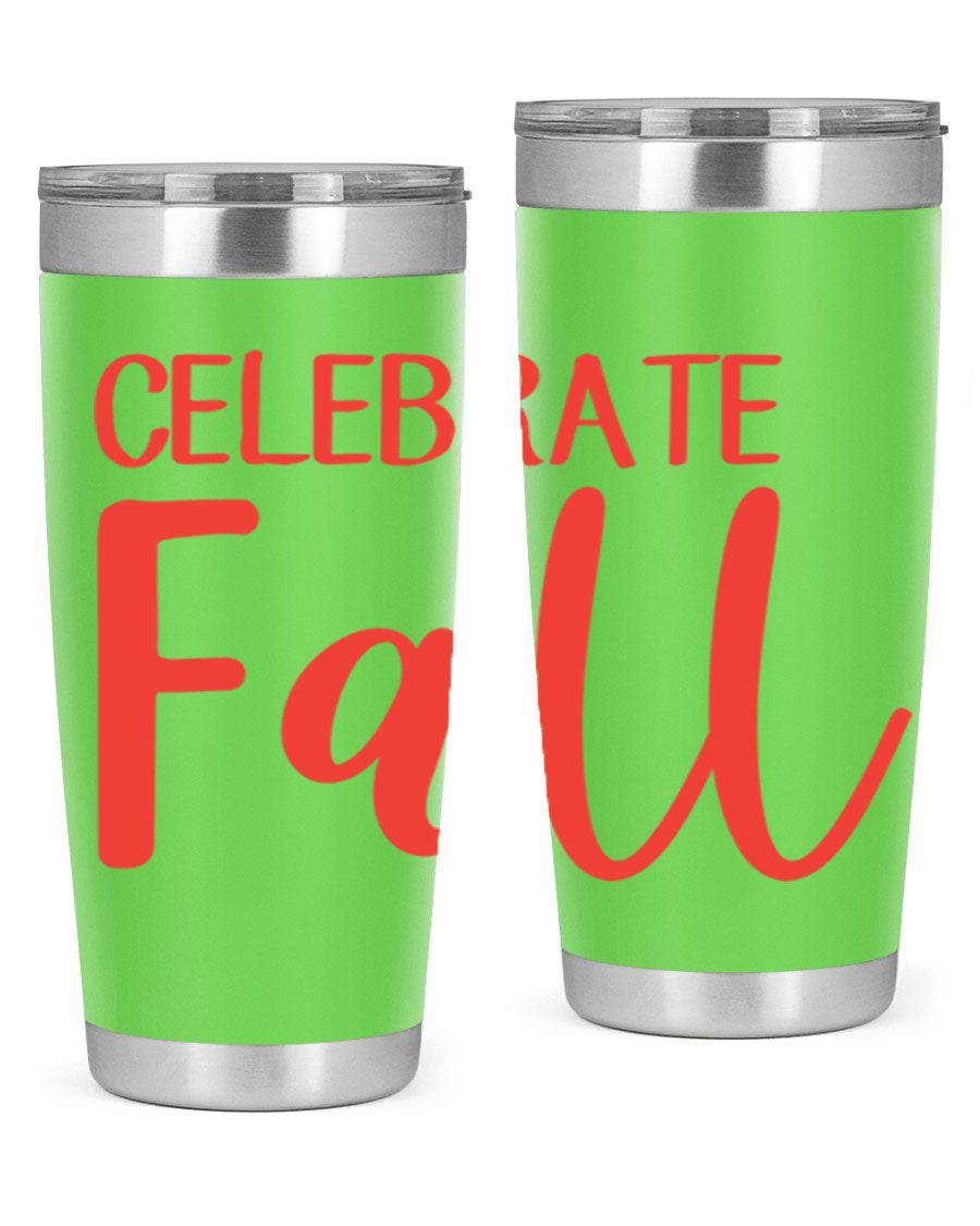 Celebrate Fall 20oz tumbler made of double wall vacuum stainless steel with a copper lining, featuring a drink-thru lid.
