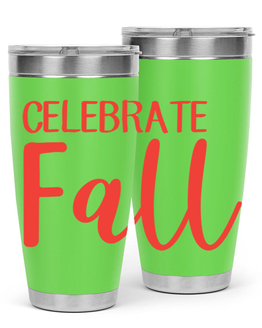 Celebrate Fall 20oz tumbler made of double wall vacuum stainless steel with a copper lining, featuring a drink-thru lid.