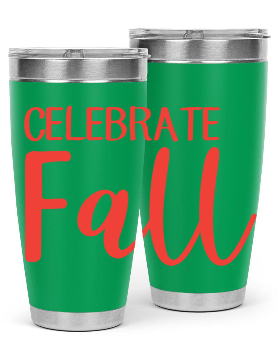 Celebrate Fall 20oz tumbler made of double wall vacuum stainless steel with a copper lining, featuring a drink-thru lid.