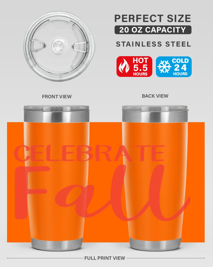 Celebrate Fall 20oz tumbler made of double wall vacuum stainless steel with a copper lining, featuring a drink-thru lid.