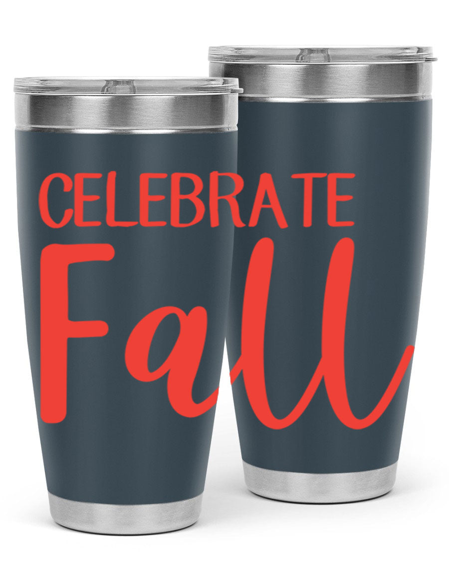 Celebrate Fall 20oz tumbler made of double wall vacuum stainless steel with a copper lining, featuring a drink-thru lid.