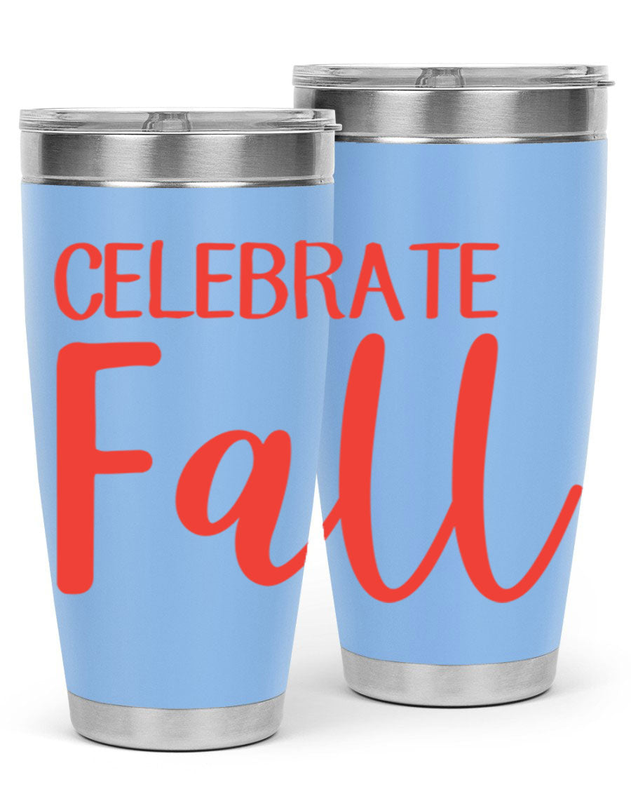 Celebrate Fall 20oz tumbler made of double wall vacuum stainless steel with a copper lining, featuring a drink-thru lid.