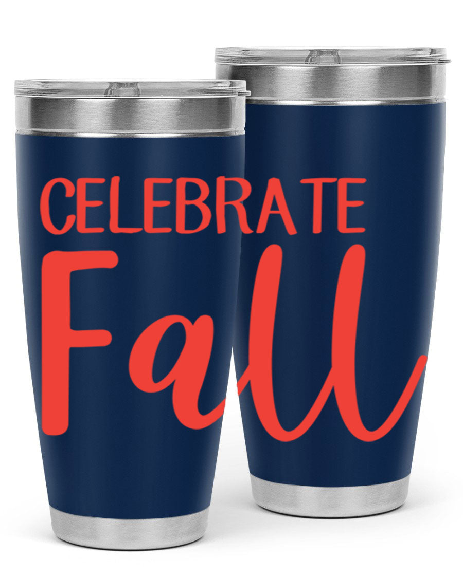 Celebrate Fall 20oz tumbler made of double wall vacuum stainless steel with a copper lining, featuring a drink-thru lid.