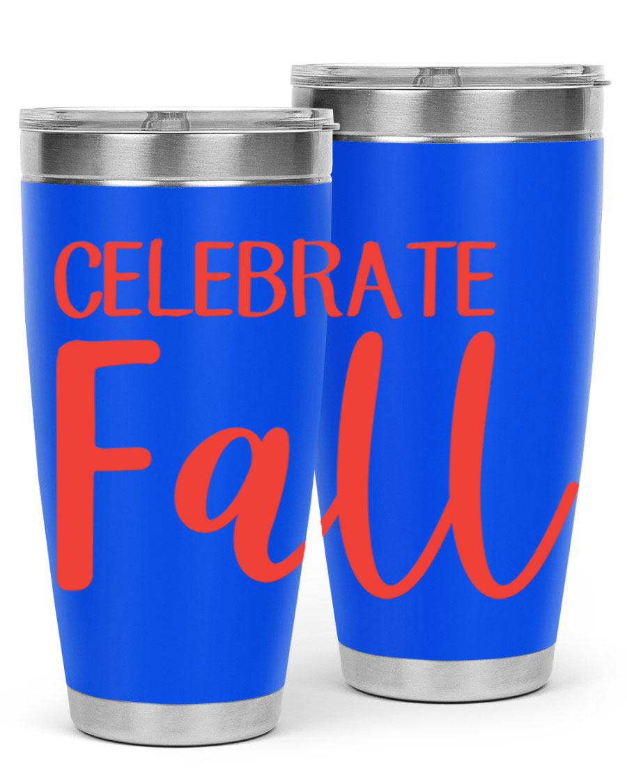 Celebrate Fall 20oz tumbler made of double wall vacuum stainless steel with a copper lining, featuring a drink-thru lid.