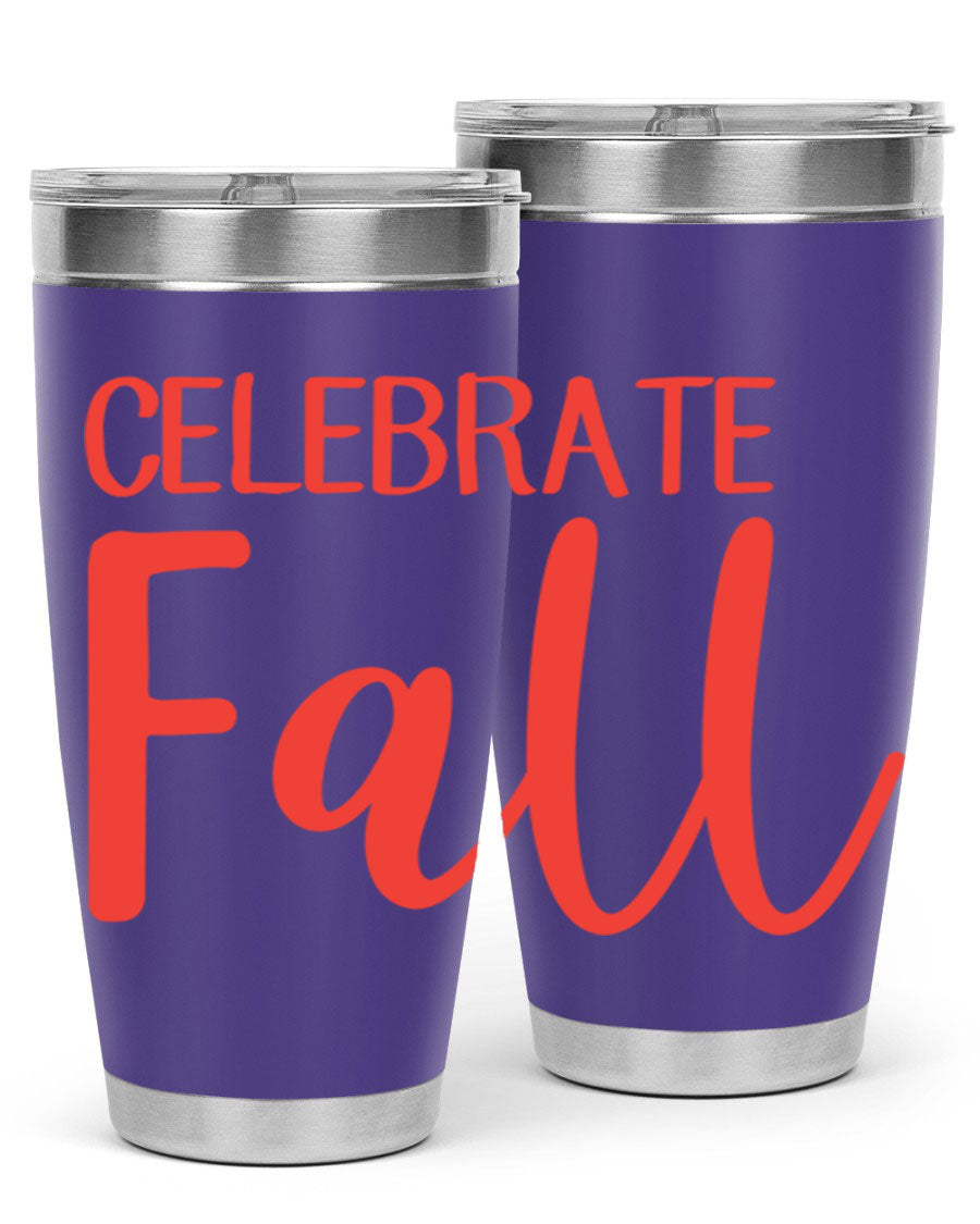 Celebrate Fall 20oz tumbler made of double wall vacuum stainless steel with a copper lining, featuring a drink-thru lid.