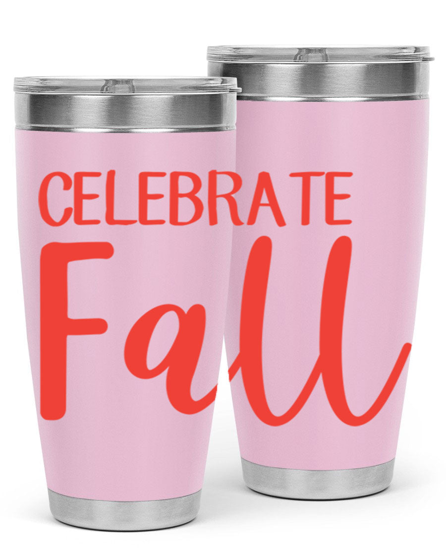 Celebrate Fall 20oz tumbler made of double wall vacuum stainless steel with a copper lining, featuring a drink-thru lid.