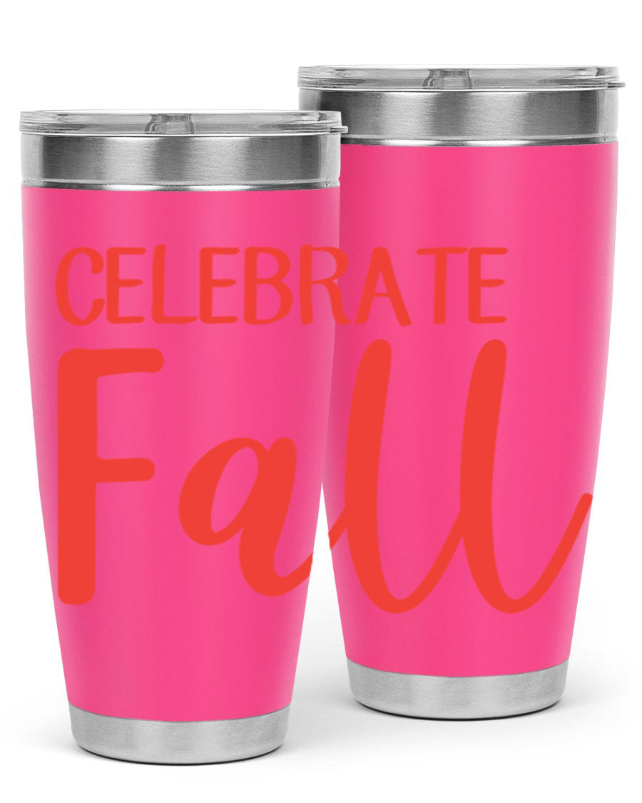 Celebrate Fall 20oz tumbler made of double wall vacuum stainless steel with a copper lining, featuring a drink-thru lid.