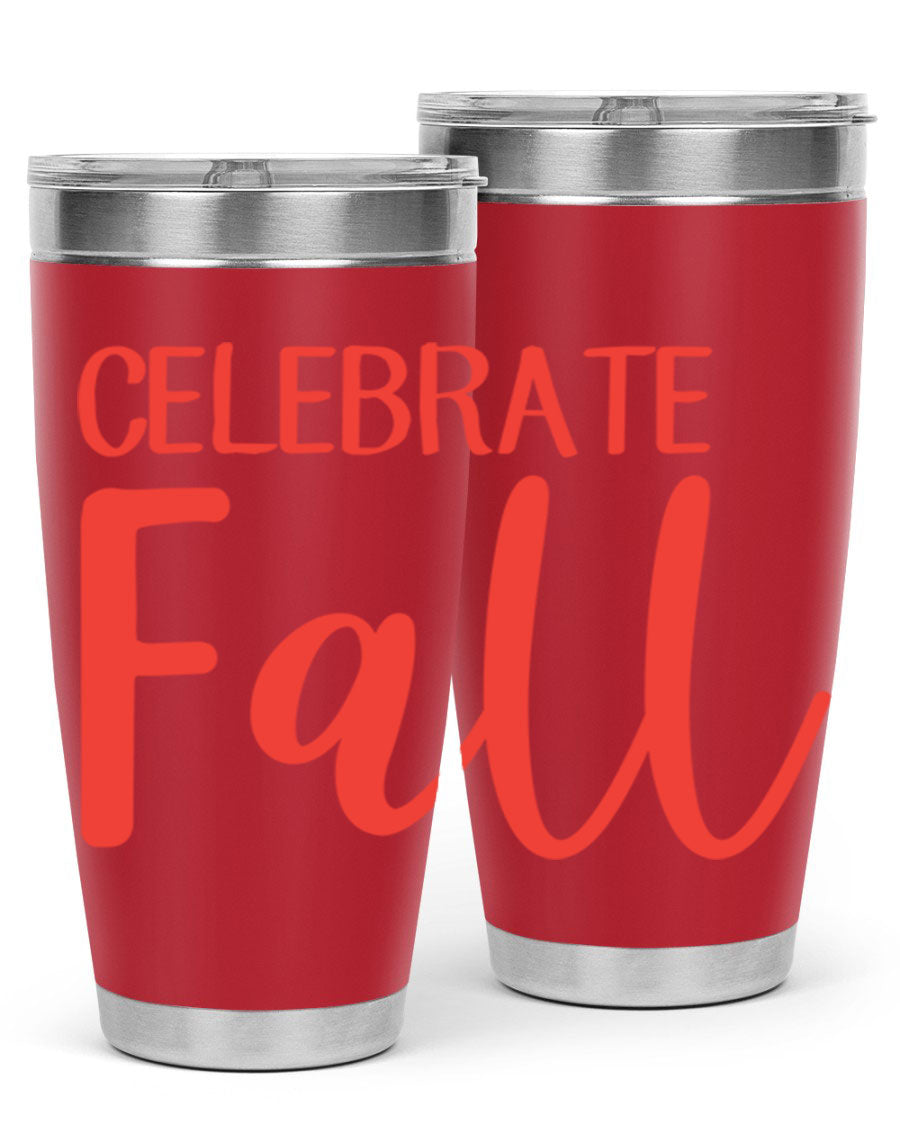 Celebrate Fall 20oz tumbler made of double wall vacuum stainless steel with a copper lining, featuring a drink-thru lid.