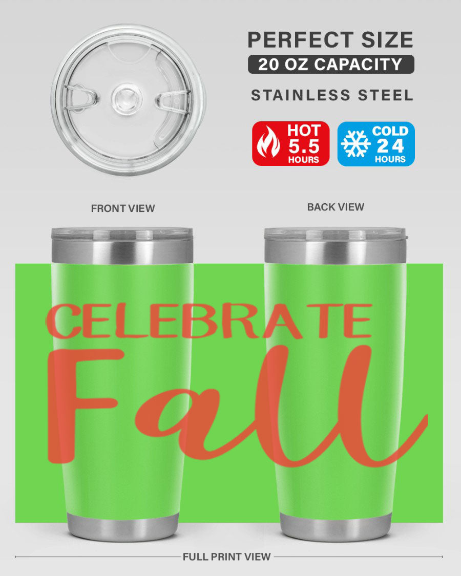 Celebrate Fall 20oz tumbler made of double wall vacuum stainless steel with a copper lining, featuring a drink-thru lid.