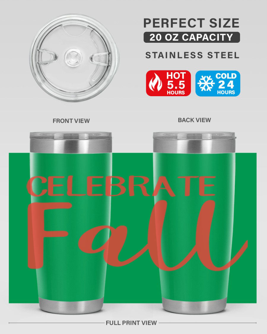 Celebrate Fall 20oz tumbler made of double wall vacuum stainless steel with a copper lining, featuring a drink-thru lid.