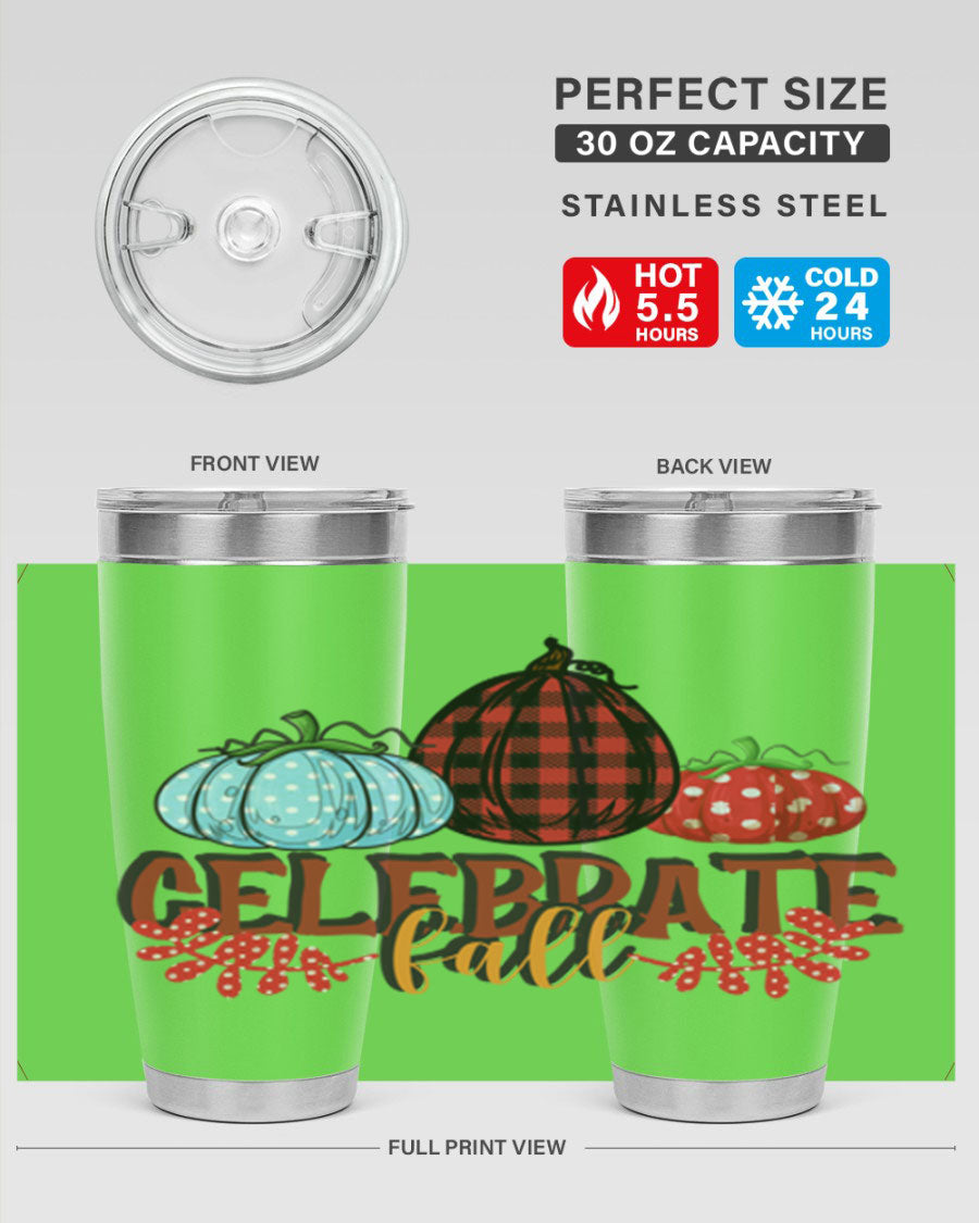 Celebrate Fall 20oz Tumbler made of stainless steel with a vibrant autumn design, featuring a drink-thru lid.
