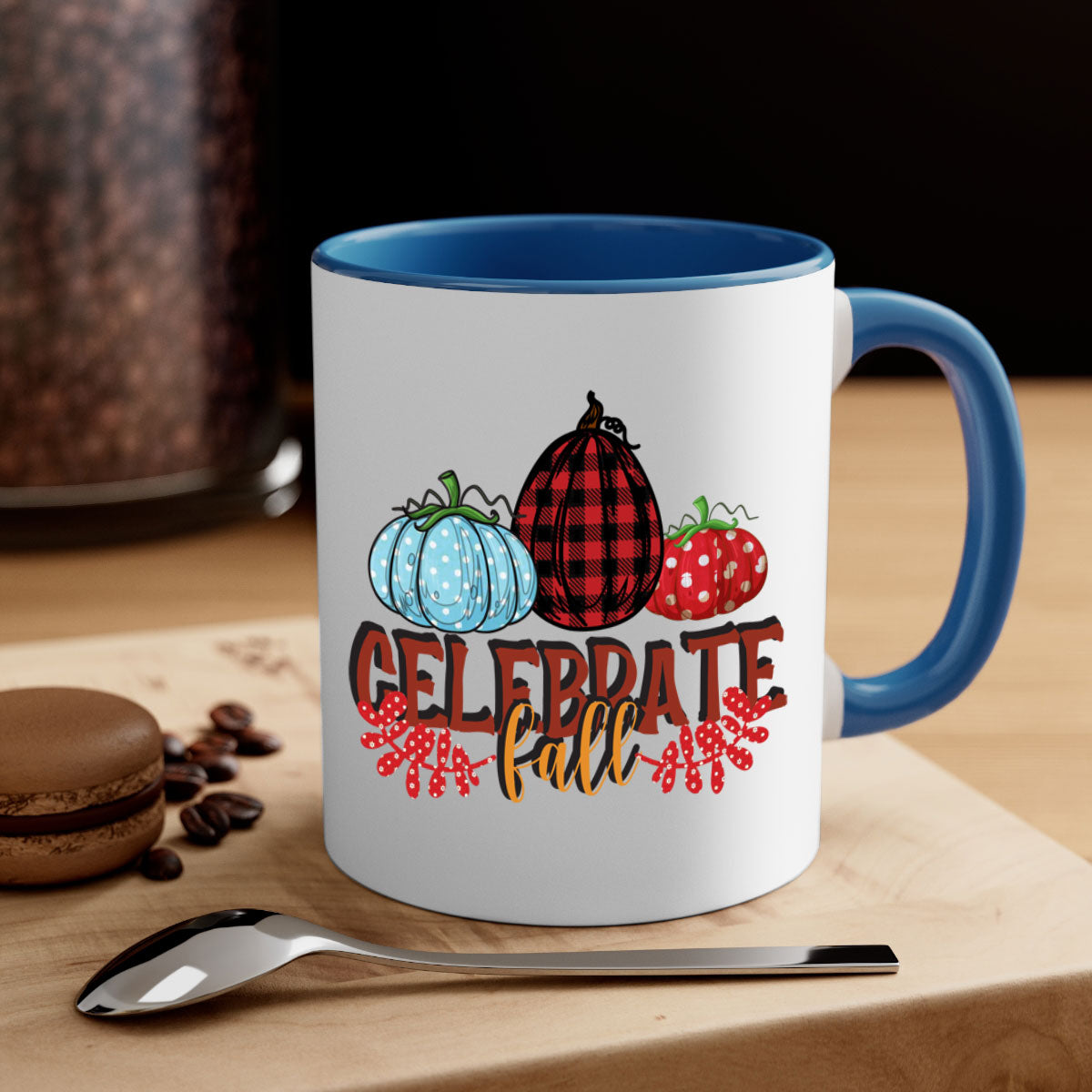 Celebrate Fall 58# Mug featuring a two-tone design with a colored handle and glossy finish, available in multiple colors.