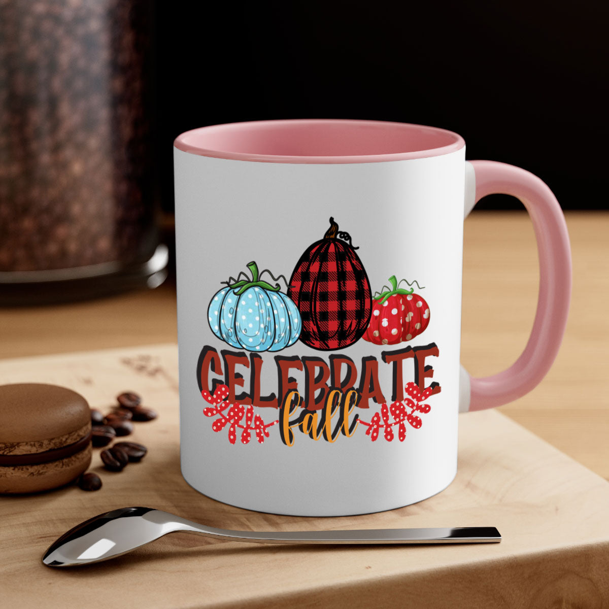 Celebrate Fall 58# Mug featuring a two-tone design with a colored handle and glossy finish, available in multiple colors.