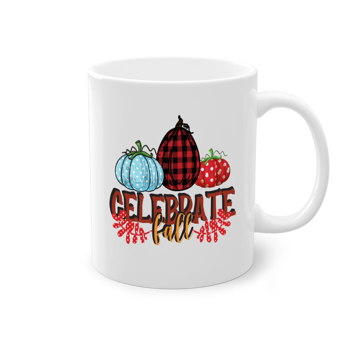 Celebrate Fall 58# Mug featuring a two-tone design with a colored handle and glossy finish, available in multiple colors.