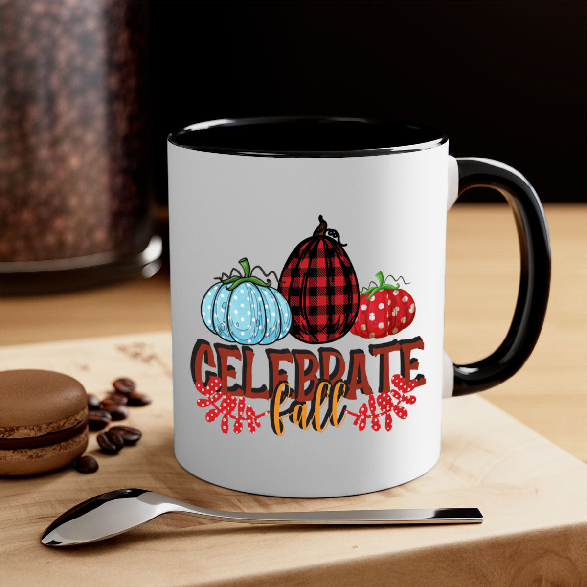 Celebrate Fall 58# Mug featuring a two-tone design with a colored handle and glossy finish, available in multiple colors.