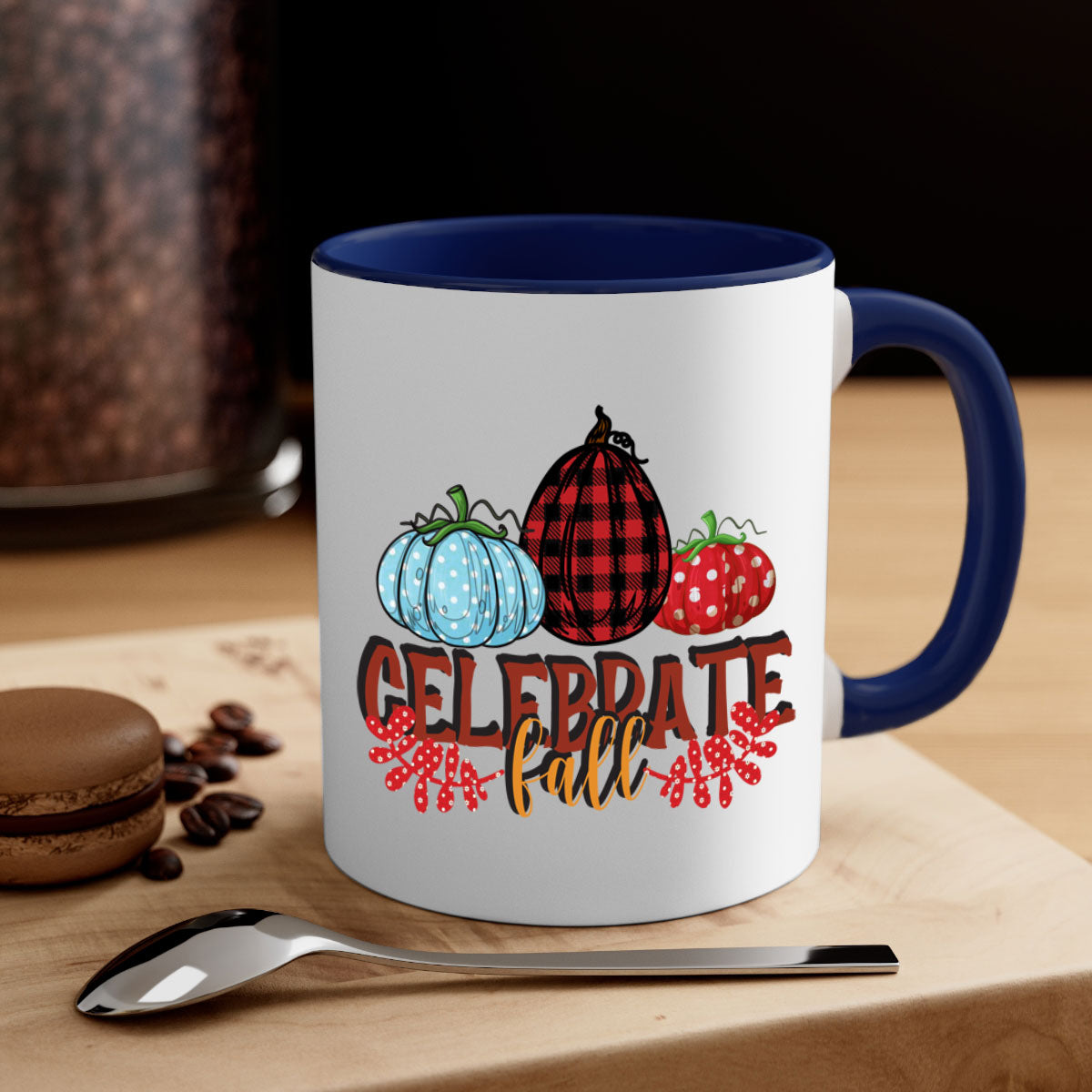Celebrate Fall 58# Mug featuring a two-tone design with a colored handle and glossy finish, available in multiple colors.