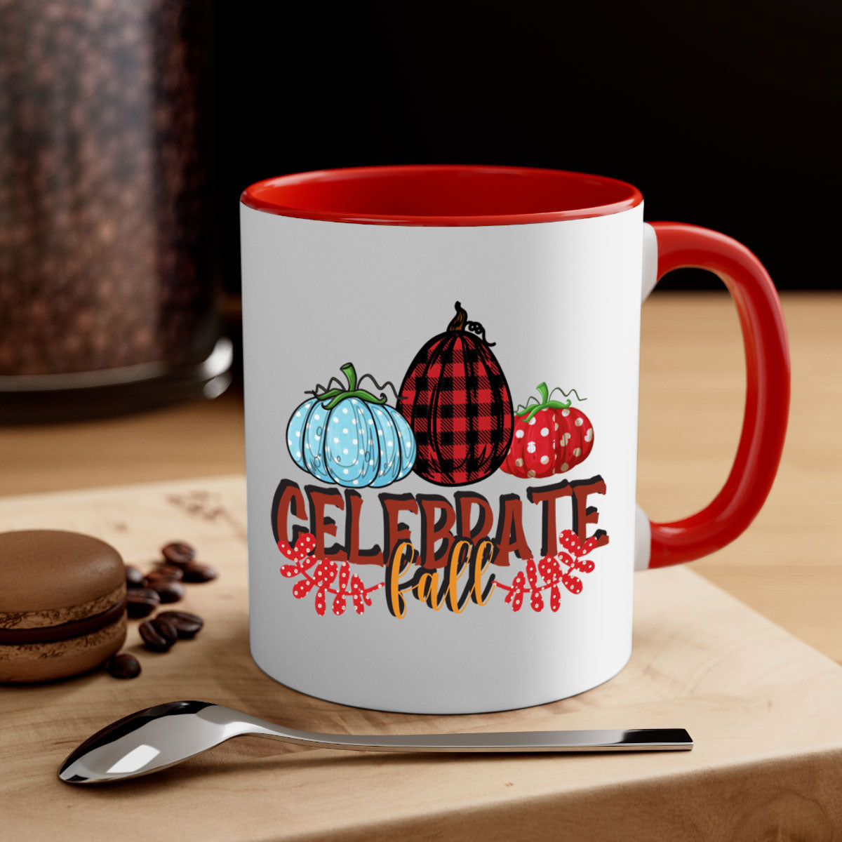 Celebrate Fall 58# Mug featuring a two-tone design with a colored handle and glossy finish, available in multiple colors.