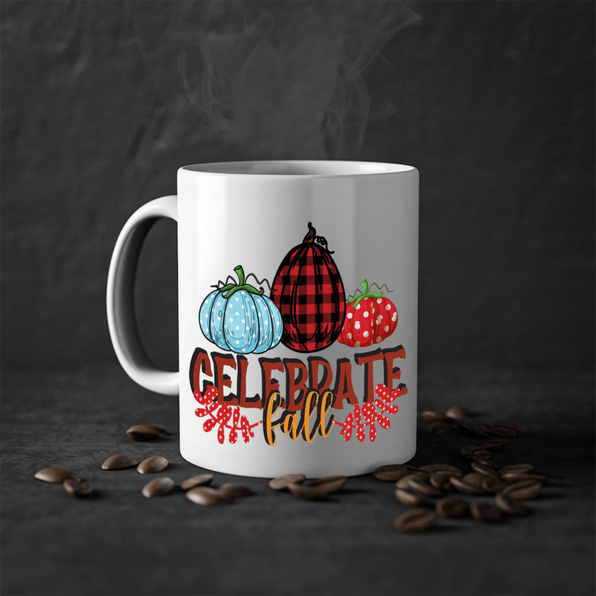 Celebrate Fall 58# Mug featuring a two-tone design with a colored handle and glossy finish, available in multiple colors.