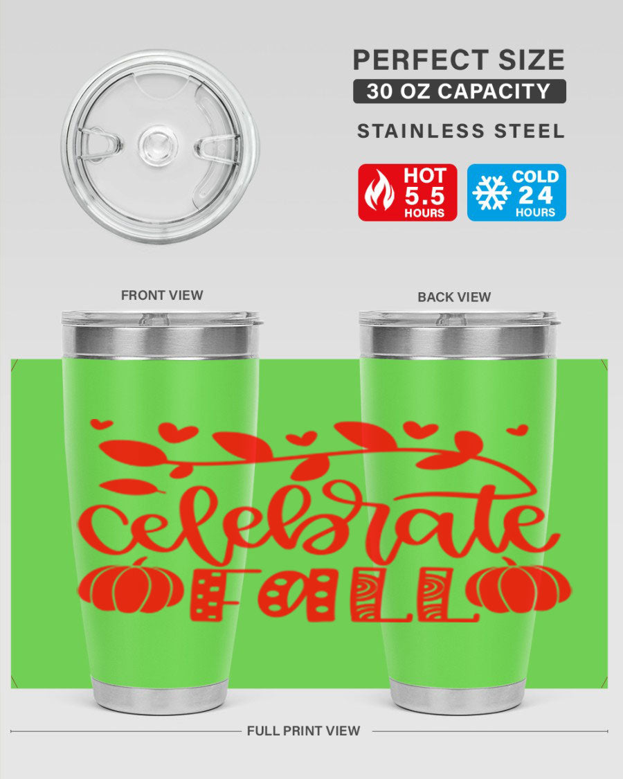 Celebrate Fall 59# Tumbler, a stylish 20oz double wall vacuum stainless steel tumbler with a festive fall design.
