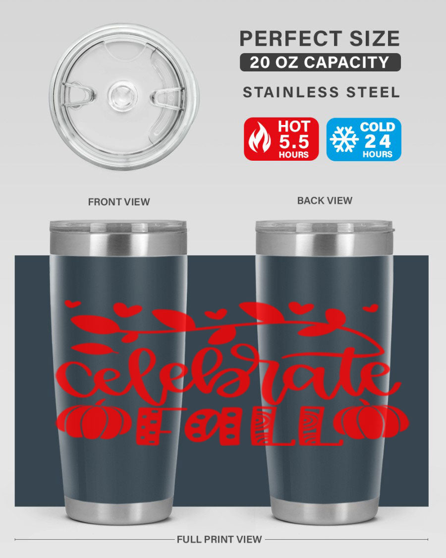 Celebrate Fall 59# Tumbler, a stylish 20oz double wall vacuum stainless steel tumbler with a festive fall design.