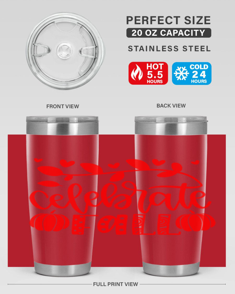 Celebrate Fall 59# Tumbler, a stylish 20oz double wall vacuum stainless steel tumbler with a festive fall design.