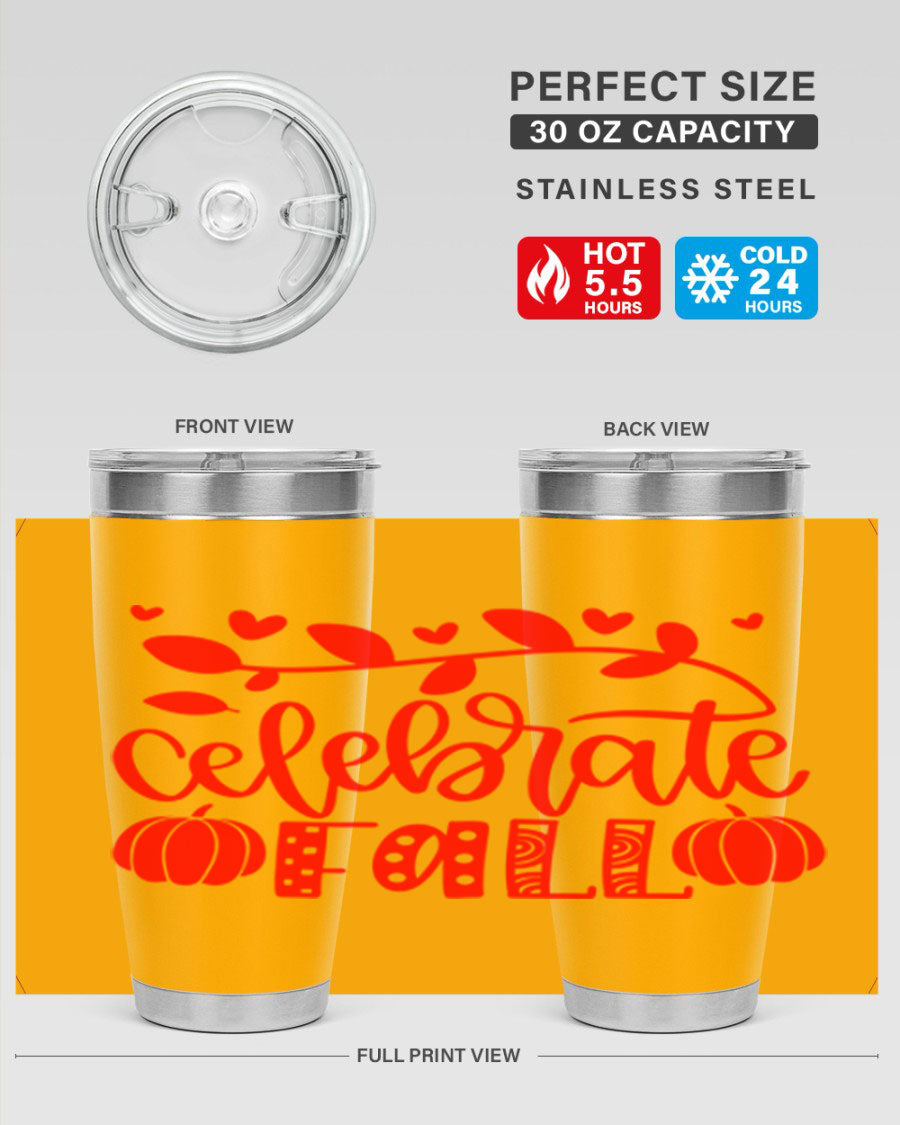 Celebrate Fall 59# Tumbler, a stylish 20oz double wall vacuum stainless steel tumbler with a festive fall design.
