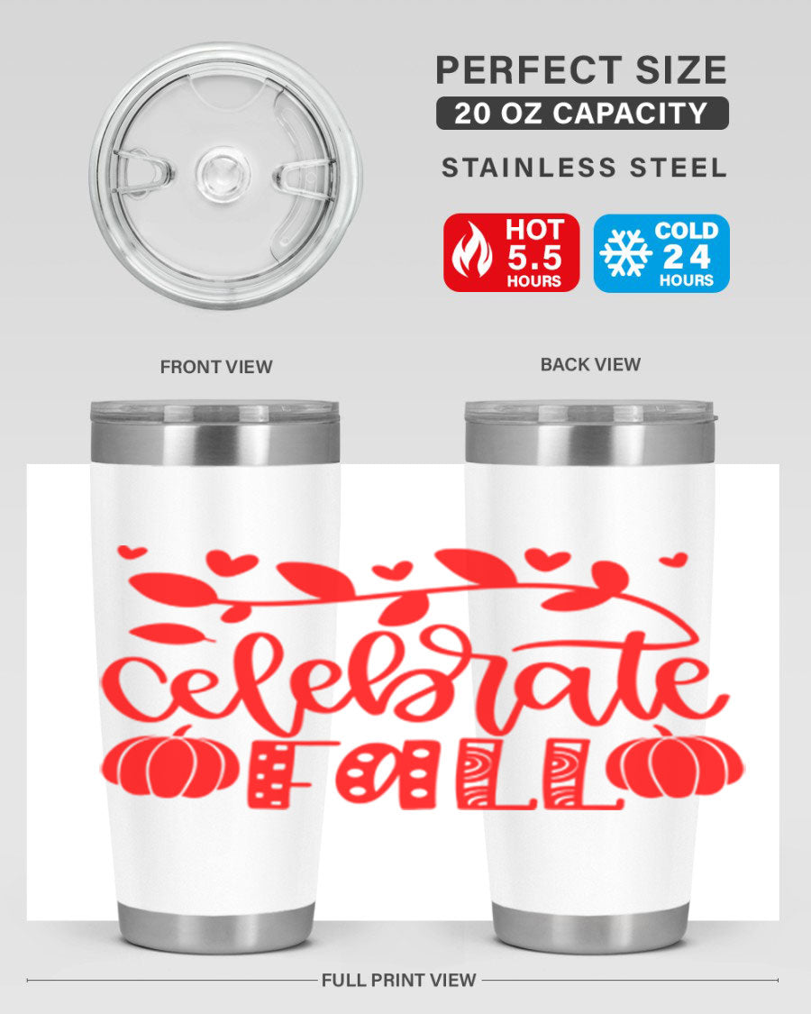 Celebrate Fall 59# Tumbler, a stylish 20oz double wall vacuum stainless steel tumbler with a festive fall design.