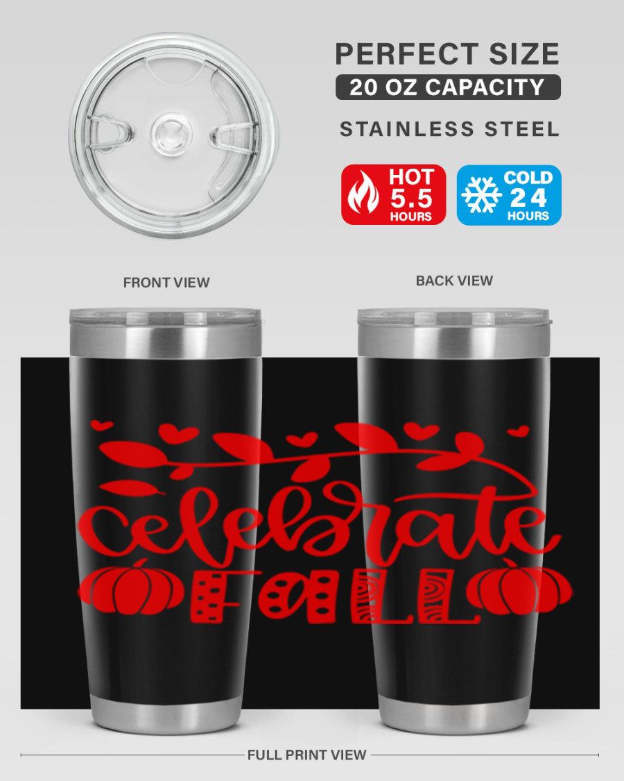 Celebrate Fall 59# Tumbler, a stylish 20oz double wall vacuum stainless steel tumbler with a festive fall design.
